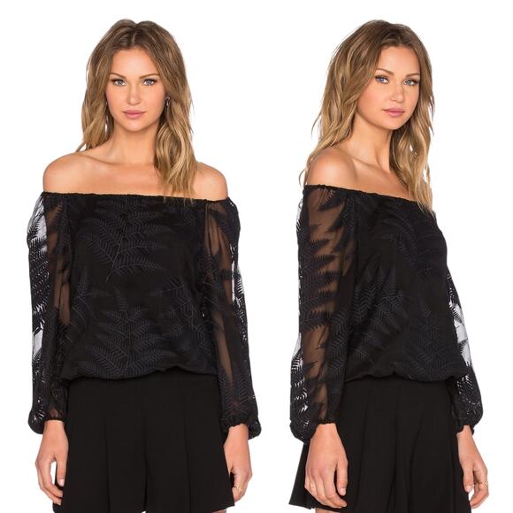 Alice + Olivia Alta Black Silk Embroidered Tropical Leaf Print Off Shoulder Top - Picture 1 of 9